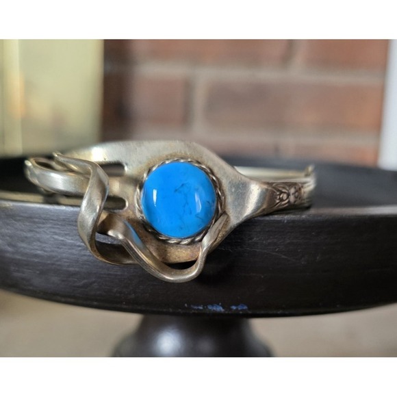 The Unbranded Brand Jewelry - Vintage Silver Plated Fork Bracelet Turquoise Colored Stone Bangle Boho Hippy